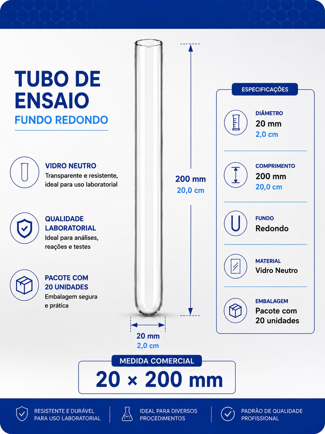 tubo de ensaio 20x200mm pct com 20 folder gpt