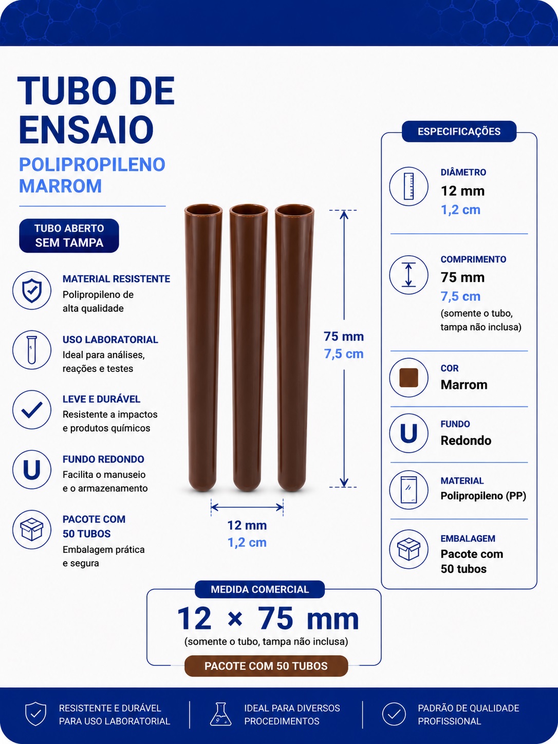 tubo de ensaio 12x75mm PP AMBAR pct com 50 folder gpt