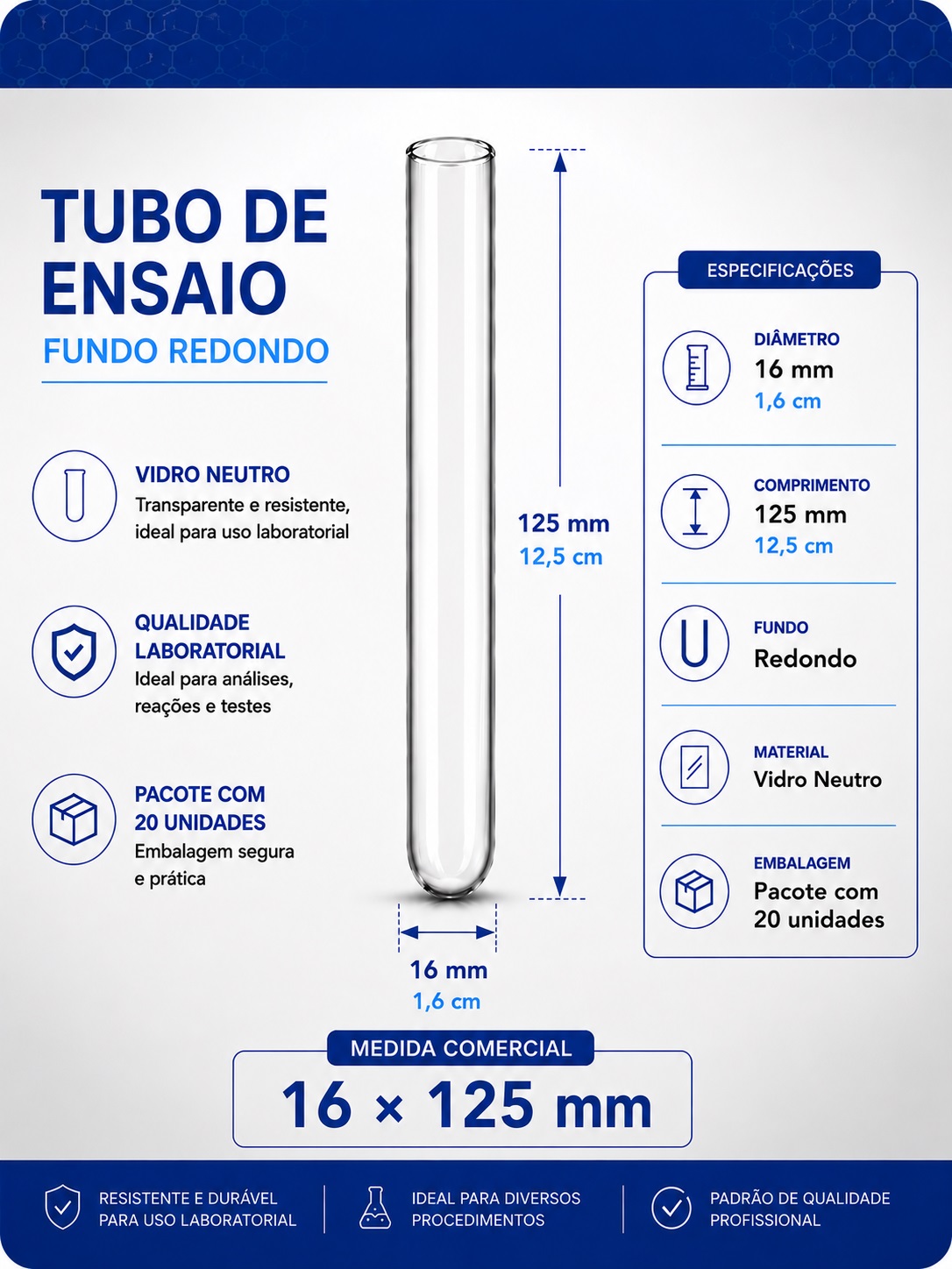 tubo de ensaio 16x125mm pct com 20 folder gpt