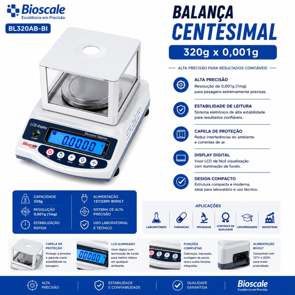 BALANÇA CENTESIMAL 320g x 0,001g BIOSCALE BL320AB-BI – Precisão Absoluta