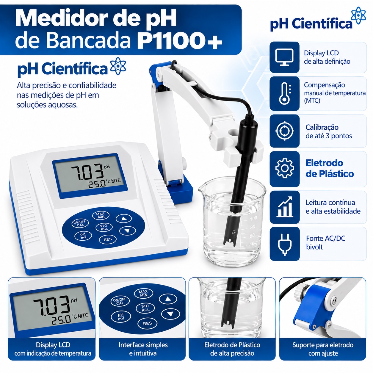 PHMETRO P1100 eletrodo plastico ph cientifica folder gpt